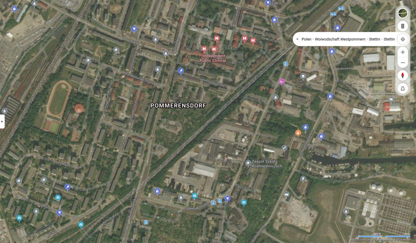 Niemieckie nazwy ulic w Szczecinie na mapach Bing