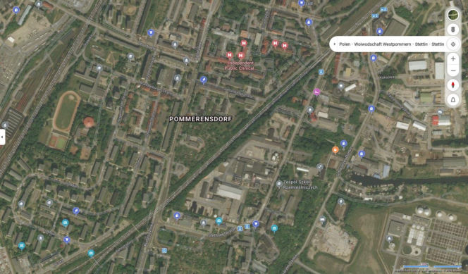 Niemieckie nazwy ulic w Szczecinie na mapach Bing