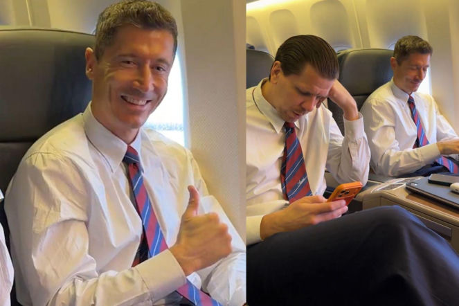 Wygnieciony Robert Lewandowski przyłapany w samolocie. Za duża koszula i krawat, a obok Wojciech Szczęsny 