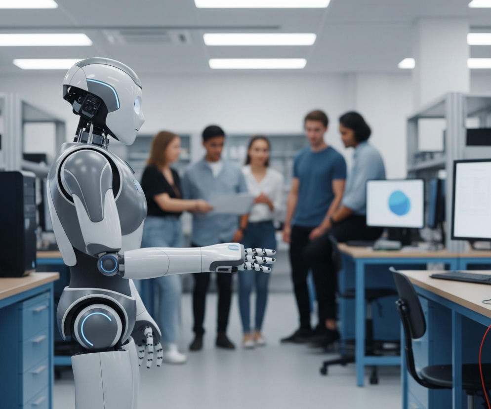 W centrum obrazu stoi zautomatyzowany robot o biało-szarej obudowie z podświetlanymi na niebiesko elementami, w tym liniami na głowie i okręgami na ramionach i torsie. Robot wyciąga prawą rękę w kierunku grupy pięciu niewyraźnych postaci ludzkich, zgromadzonych w tle, gdzie dwie kobiety i trzech mężczyzn rozmawiają ze sobą. Scena rozgrywa się w dobrze oświetlonym pomieszczeniu laboratoryjnym z rzędami niebieskich biurek i drewnianych blatów, na których ustawione są monitory komputerowe wyświetlające grafiki z niebieskimi okręgami.