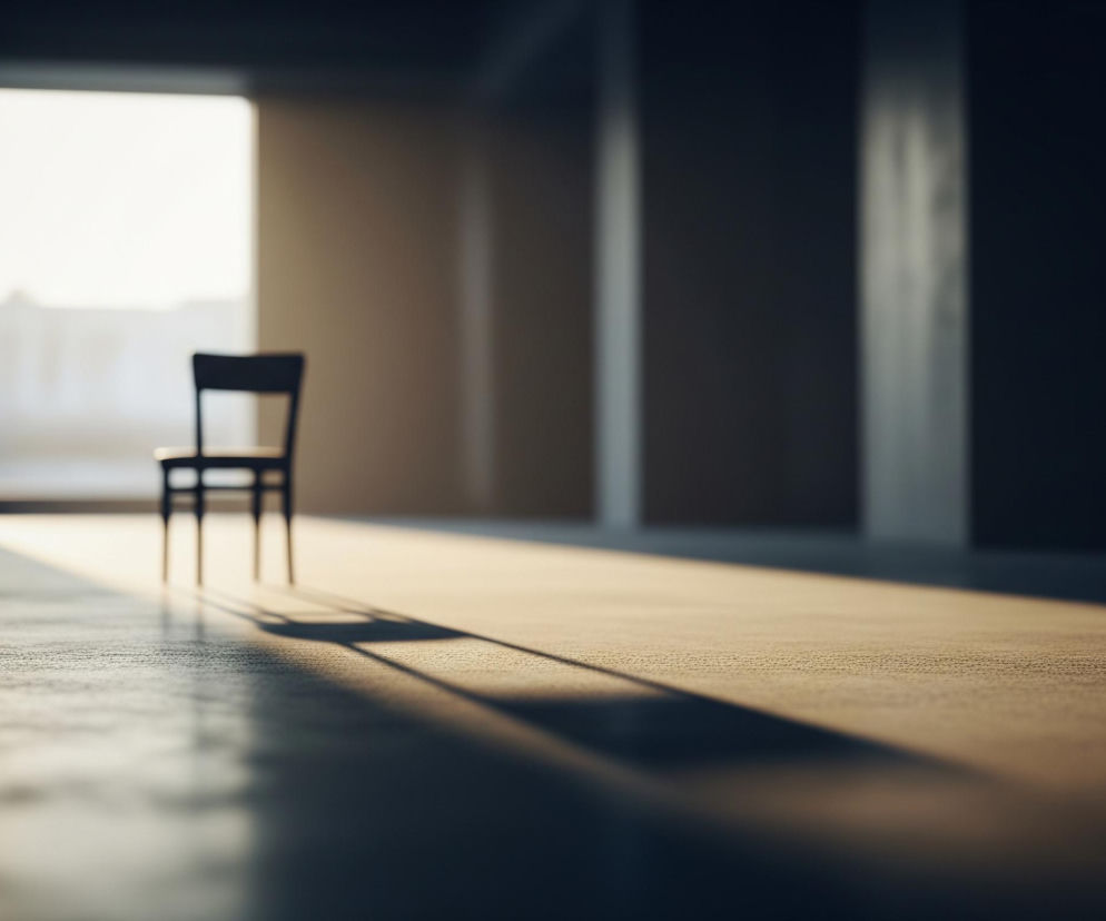 W centralnej części ciemnego, pustego pomieszczenia stoi samotne krzesło o prostej, drewnianej konstrukcji, widoczne w głębokiej czerni. Z prawego górnego rogu obrazu pada jasne, białe światło, tworząc długi, trapezoidalny snop na podłodze, na którym widać wyraźny, wydłużony cień krzesła. Lewa strona pomieszczenia i odległe ściany pozostają w ciemności, jedynie lekko rozświetlone odbiciami.
