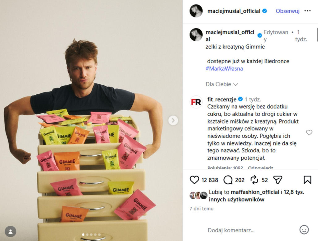Maciej Musiał rusza z własną marką. Jego żelki z kreatyną trafiły do Biedronki