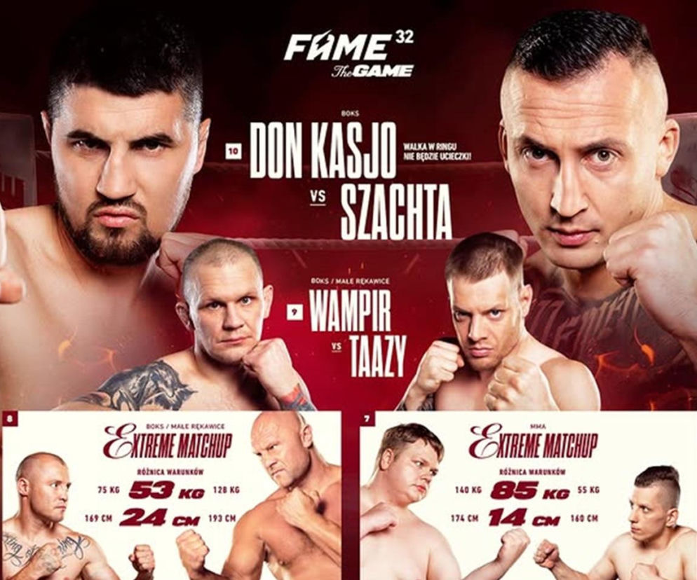 Plakat FAME 32 z zawodnikami: Don Kasjo, Szachtą, Wampirem i Taazym. O karcie walk przeczytasz na SE Supersport.