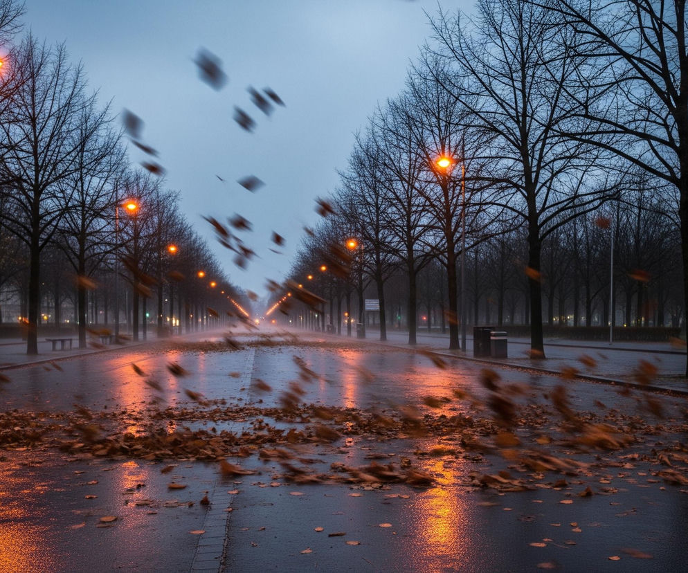 Aleja wysadzana drzewami o nagich gałęziach rozciąga się w głąb obrazu, ukazując mokrą, ciemną nawierzchnię ulicy i chodników. Liczne pomarańczowe latarnie uliczne, symetrycznie rozmieszczone wzdłuż drogi, rzucają ciepłe światło na asfalt, tworząc długie odbicia. Na ulicy leżą rozsypane, brązowe liście, a wiele z nich unosi się w powietrzu, rozmazanych ruchem. Niebo jest szaroniebieskie, a w tle widać ciemne sylwetki budynków i gęstszą zieleń drzew.