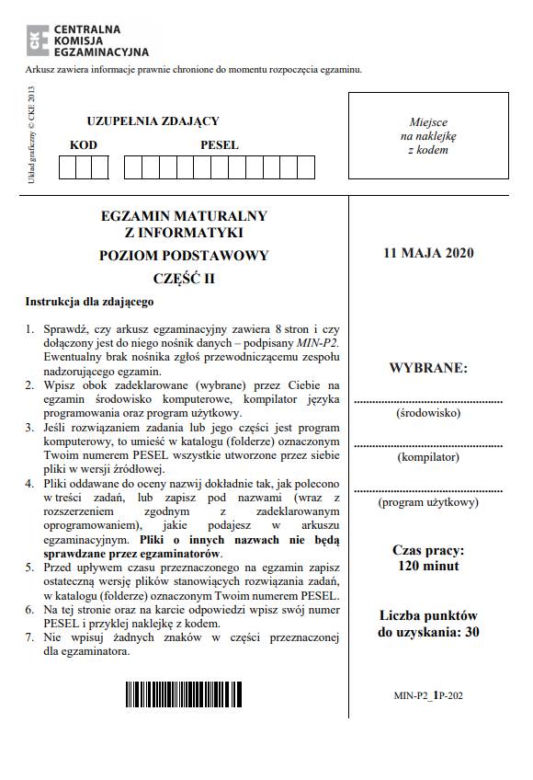 Matura 2020: Informatyka. Poziom PODSTAWOWY. ARKUSZ CKE