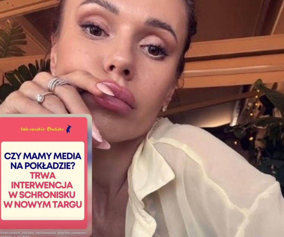 Piosenkarka Doda z powiększonymi ustami i makijażem, z widocznym pierścionkiem na palcu, trzymająca telefon z napisem Czy mamy media na pokładzie? Trwa interwencja w schronisku w Nowym Targu, co sygnalizuje jej powrót do Polski, o czym przeczytasz na naszym portalu.