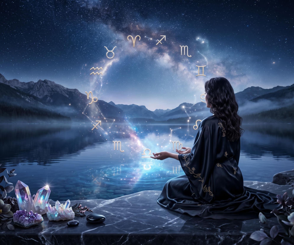 Kobieta medytuje nad jeziorem, trzymając w dłoniach świetlisty krąg znaków zodiaku. O horoskopie dziennym przeczytasz na SE.