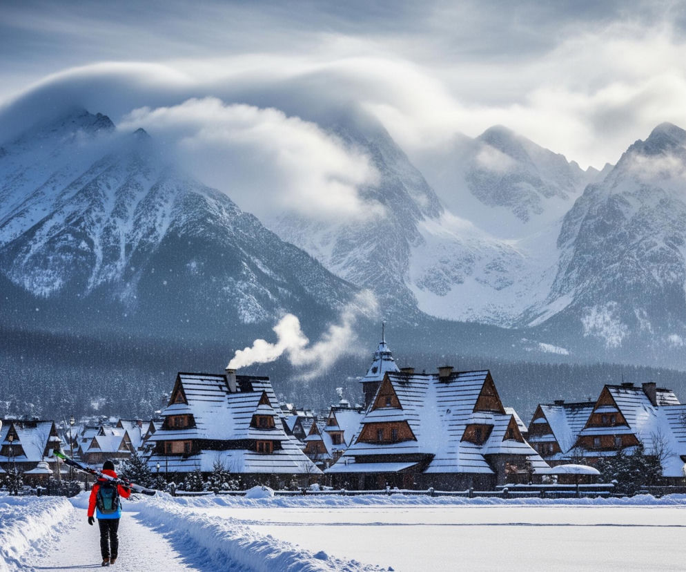 Zasypana śniegiem postać z plecakiem i nartami na ramieniu idzie leśną ścieżką w prawą stronę, widoczną od tyłu. W oddali rozciąga się pasmo ośnieżonych gór, częściowo spowitych chmurami. Na pierwszym planie po prawej stronie drogi znajdują się tradycyjne, drewniane domy z zaśnieżonymi dachami, z których jeden ma dym wydobywający się z komina, oraz iglaste drzewa pokryte śniegiem. Cała scena jest utrzymana w zimowej scenerii, z dominującymi odcieniami bieli, błękitu i brązu.