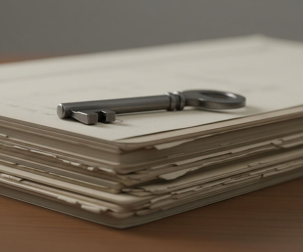 Na stosie pożółkłych dokumentów leży metalowy klucz o klasycznym kształcie, skierowany ząbkami w lewo. Stos papierów, o różnej grubości i krawędziach, spoczywa na drewnianym blacie w kolorze brązowym. Tło jest rozmyte, w odcieniu szarości, tworząc płytką głębię ostrości.