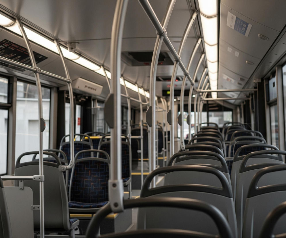 Wnętrze autobusu wypełniają rzędy pustych siedzeń, z których najbliższe są szare z czarnymi uchwytami, a dalsze mają wzorzyste, niebiesko-czarne tapicerki. Na suficie wzdłuż całego pojazdu ciągną się podłużne, białe lampy fluorescencyjne oraz liczne srebrne poręcze, poziome i pionowe. Widoczne są również duże okna z odbijającym się w nich światłem i niewyraźnymi elementami zewnętrznego krajobrazu, a także informacyjne naklejki na oknach i panelach sufitowych.