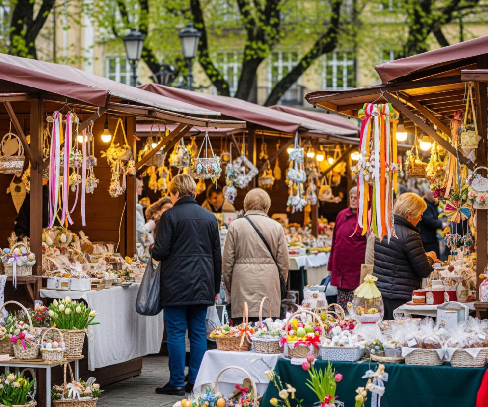 Fragment targu z licznymi straganami oferującymi rękodzieło i artykuły świąteczne. Drewniane budki z brązowymi dachami są gęsto udekorowane wiszącymi koszyczkami, ozdobnymi wstążkami w żywych kolorach, girlandami i drobnymi lampkami, które oświetlają towary. Klienci, w tym dwie kobiety widoczne z tyłu w centralnej części zdjęcia, przeglądają różnorodne produkty ułożone na stołach pokrytych białymi obrusami. Wśród oferowanych przedmiotów dominują wiklinowe kosze z kwiatami, ozdobnymi jajkami, małymi zawiniątkami i pieczywem, a w tle widać rozmazane zielone drzewa i fragmenty budynków.