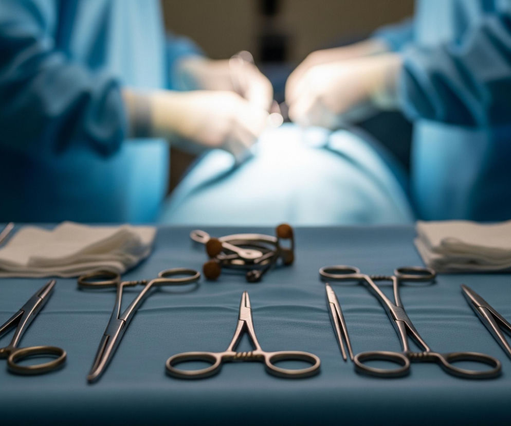 Na pierwszym planie, na niebieskim tle medycznej serwety, leży rząd srebrnych narzędzi chirurgicznych, w tym różne kleszcze i pęsety, częściowo w ostrym, częściowo w rozmytym fokusie. Za nimi, na tym samym tle, widać stos białych, złożonych gazików oraz inne, mniej wyraźne narzędzia. W tle, rozmyte i niewyraźne, znajdują się dwie postacie w jasnoniebieskich fartuchach operacyjnych i białych rękawiczkach, pochylone nad czymś, co przypomina pacjenta pokrytego niebieską serwetą.