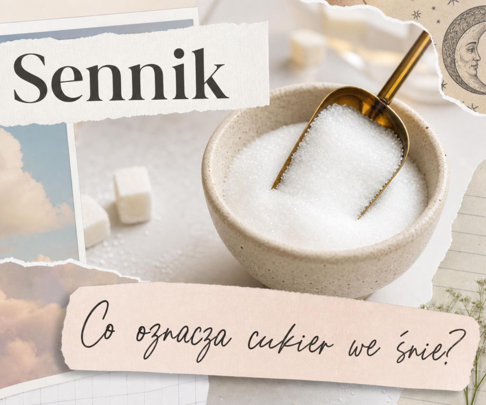 Biały cukier w miseczce ze złotą miarką. Obok napisy Sennik i Co oznacza cukier we śnie? O znaczeniu snu dowiesz się z SE.