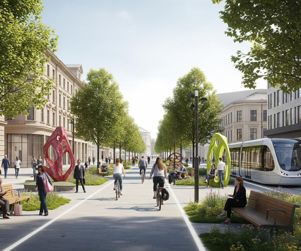 Szeroka ulica miejska rozciąga się w głąb obrazu, otoczona budynkami i drzewami o gęstych, zielonych koronach. Centralnie biegną dwa tory tramwajowe, po których jedzie nowoczesny, biały tramwaj z czarnymi oknami, po prawej stronie. Po obu stronach torów znajdują się równoległe, szerokie chodniki wyłożone jasnymi płytami, oddzielone od torowiska pasami zieleni z niską roślinnością i kwiatami.

Na chodnikach i ścieżkach rowerowych, które biegną po lewej stronie, porusza się wielu ludzi: piesi spacerują, inni siedzą na drewnianych ławkach, a jeszcze inni jadą na rowerach. W pasach zieleni pośrodku ulicy widoczne są dwie duże, abstrakcyjne rzeźby: jedna czerwona po lewej stronie i jedna zielona po prawej, obie z zaokrąglonymi otworami. Cała scena jest dobrze oświetlona, co wskazuje na słoneczny dzień.