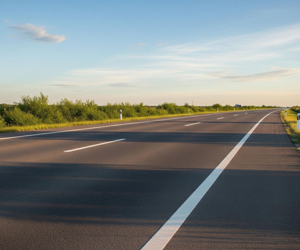 Asfaltowa droga biegnie prosto w głąb kadru, z wyraźnym białym pasem ciągłym po prawej stronie i przerywanymi białymi pasami pośrodku. Po obu stronach jezdni rozciągają się zielone zarośla i trawy, po prawej stronie widać słupki drogowe, a dalej pole zboża lub suszącej się trawy. Niebo jest błękitne z kilkoma białymi, rozmywanymi chmurami. Na drodze widoczne są cienie sugerujące padające słońce, tworzące długie, ciemne smugi.