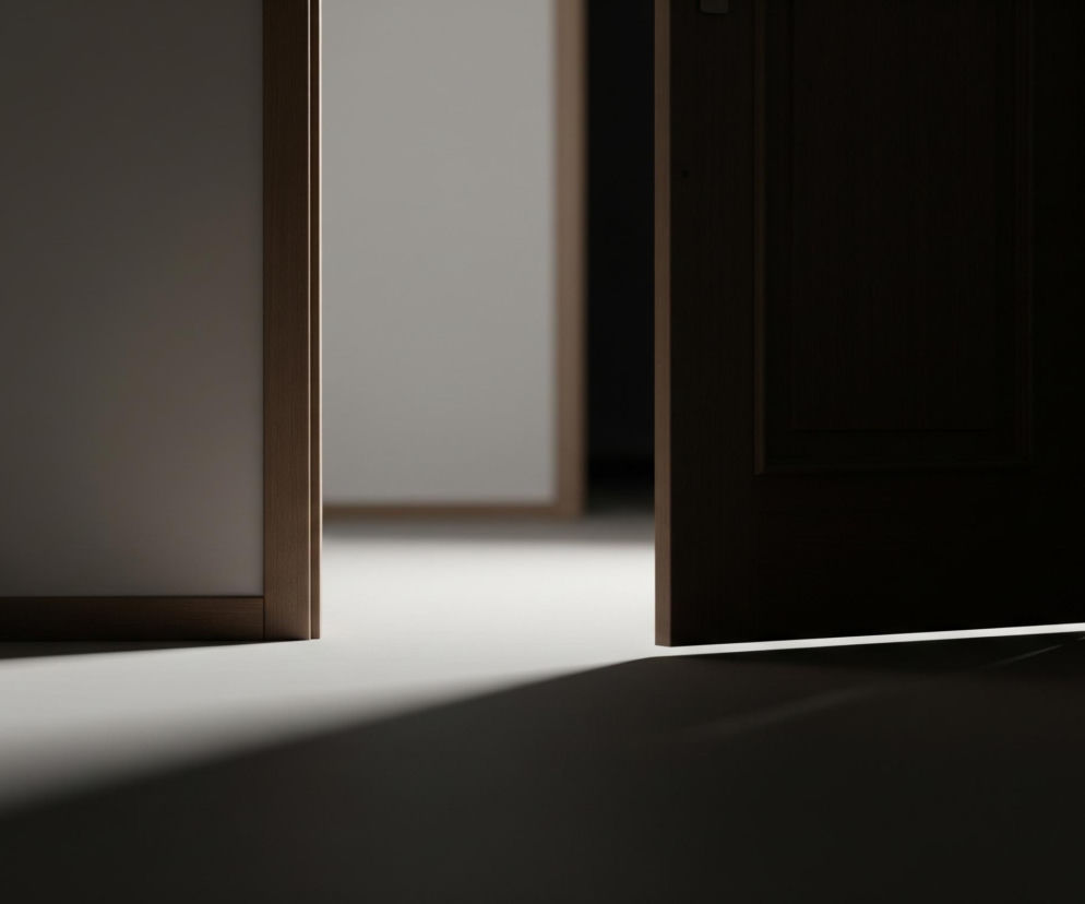 Półotwarte, ciemne drzwi po prawej stronie otwierają się do jasnego pomieszczenia. Światło z tego pomieszczenia pada na podłogę po lewej stronie, tworząc wyraźny, długi cień. Ściany po lewej stronie są jasnoszare z drewnianymi listwami.