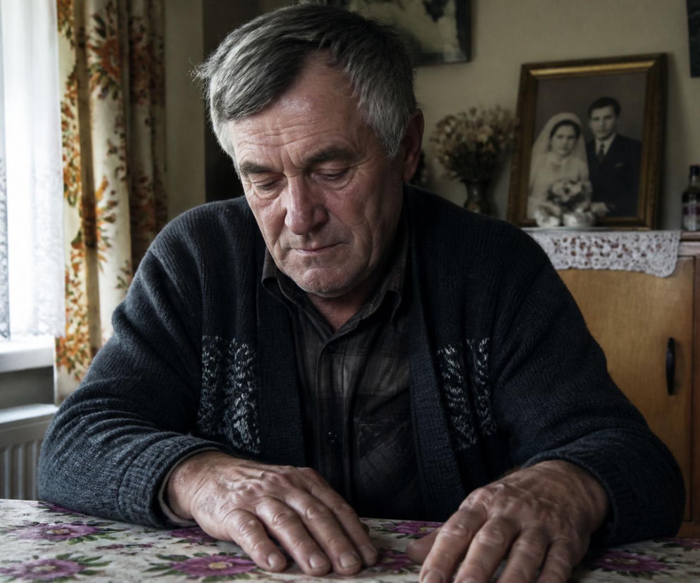 Starszy, zamyślony mężczyzna, z siwymi włosami i zmarszczkami, siedzi przy stole z kwiecistym obrusem, spoglądając w dół. Na ścianie za nim widać oprawione zdjęcie ślubne młodej pary oraz suszone kwiaty, co dodaje zdjęciu emocjonalnego kontekstu. Przeczytasz więcej na naszym portalu.