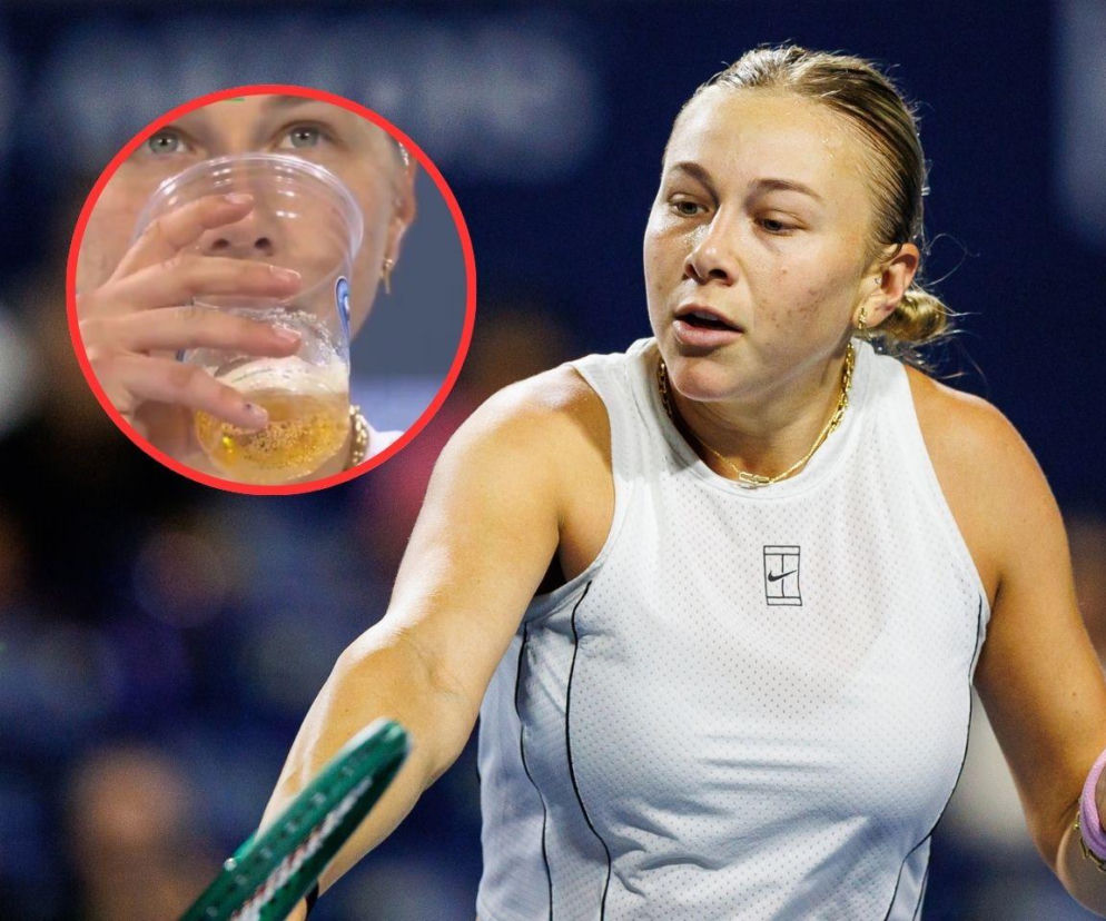 Tenisistka Amanda Anisimova na korcie. Na miniaturze obok pije złocisty napój. O meczu w Cincinnati przeczytasz na SE.