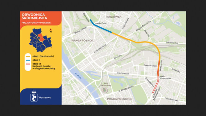 Mapa planowanej obwodnicy Pragi w Warszawie