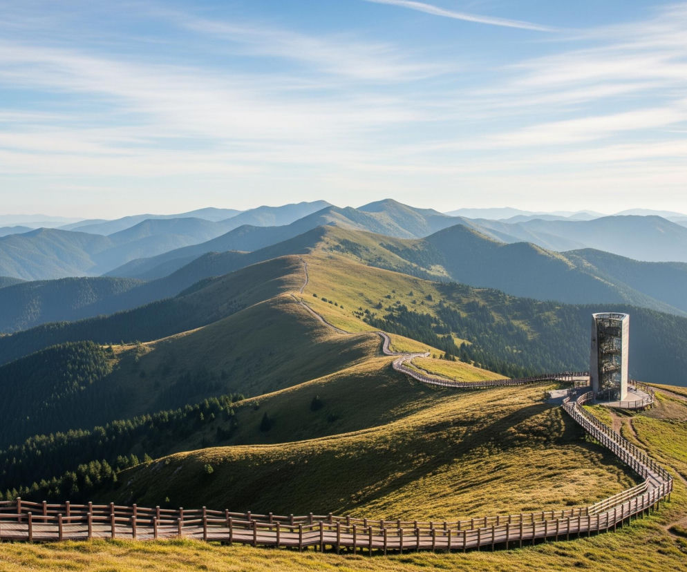 Uwagę przyciąga kręta, drewniana kładka z barierkami, wiodąca przez zielono-żółte wzgórza porośnięte trawą, której barwa zmienia się w zależności od nasłonecznienia. Kładka zakręca, prowadząc do cylindrycznej wieży widokowej ze szklano-metalową konstrukcją, usytuowanej na szczycie jednego ze wzniesień. W tle rozciąga się pasmo gór, których szczyty stopniowo zlewają się z niebieskim, lekko zachmurzonym niebem.