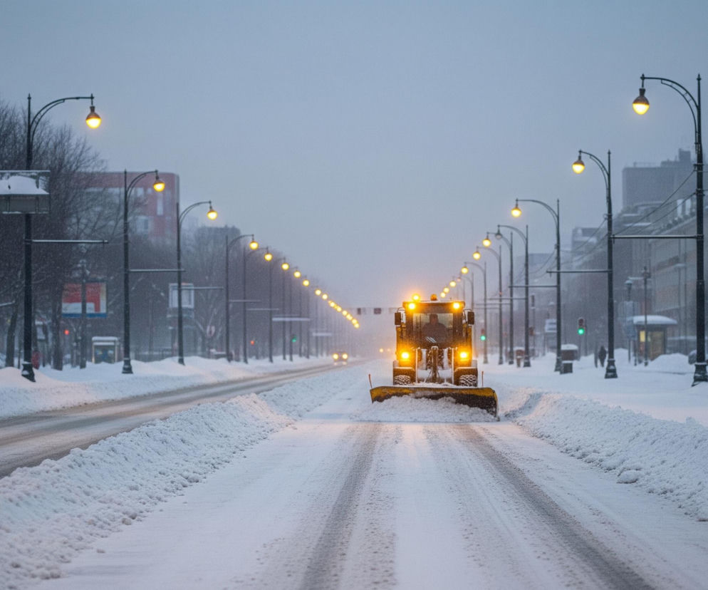 W centrum ujęcia znajduje się żółty pług śnieżny z szerokim lemieszem, oświetlony jaskrawymi pomarańczowymi światłami, które odbijają się od białego, pokrytego świeżym śniegiem asfaltu. Pojazd przemieszcza się po dwupasmowej drodze w kierunku obserwatora, spychając kopce śniegu na boki, tworząc równoległe rzędy białego puchu. Po obu stronach ulicy ciągną się rzędy ciemnych latarni ulicznych z żółto świecącymi lampami, rozświetlającymi zimowy krajobraz pod bladym, szarym niebem. Dalej w tle widać ciemne sylwetki budynków i drzew pozbawionych liści, również pokrytych śniegiem.