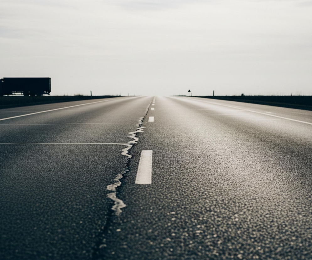 Asfaltowa droga rozciąga się w nieskończoność pod bladym, jasnym niebem, z delikatnymi chmurami. Na jej lewej stronie, w oddali, widnieje ciemna sylwetka ciężarówki z naczepą. Pas rozdzielający jezdnie składa się z białej, przerywanej linii, która w niektórych miejscach jest popękana i nieregularna, zwłaszcza bliżej obserwatora. Po obu stronach drogi rozpościera się ciemny pas terenu, porośnięty niską trawą, a na horyzoncie widoczne są pojedyncze słupki i mały, czarny trójkątny znak drogowy.