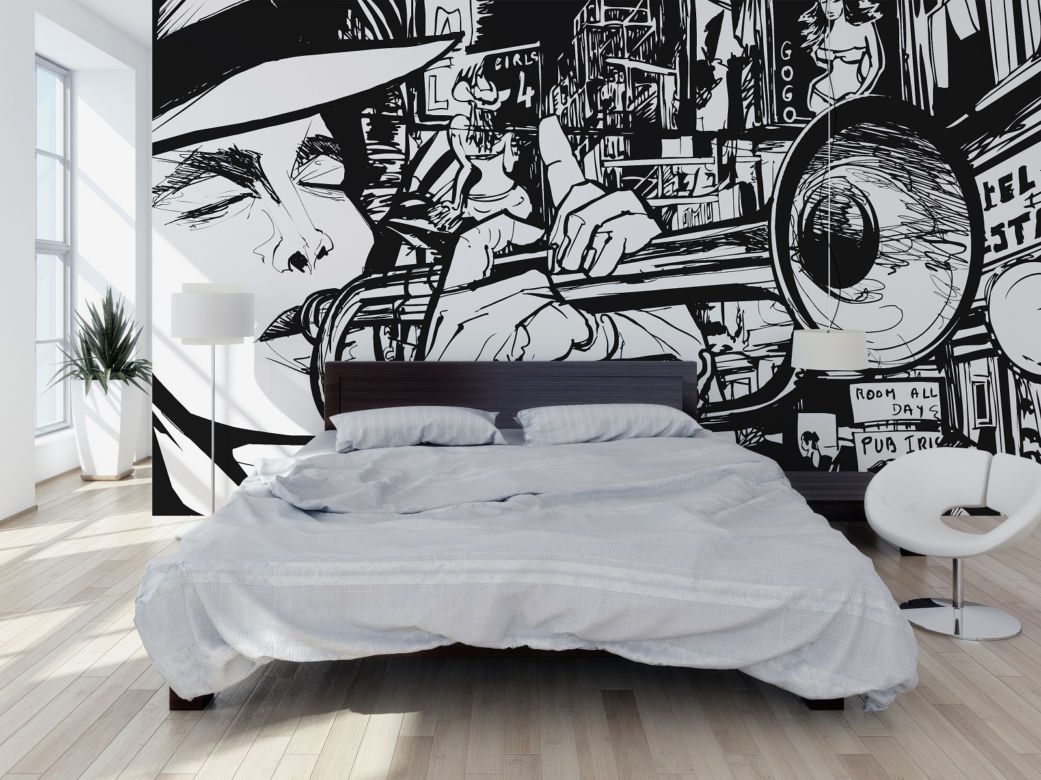 Dwukolorowa tapeta w stylu pop - art w sypialni