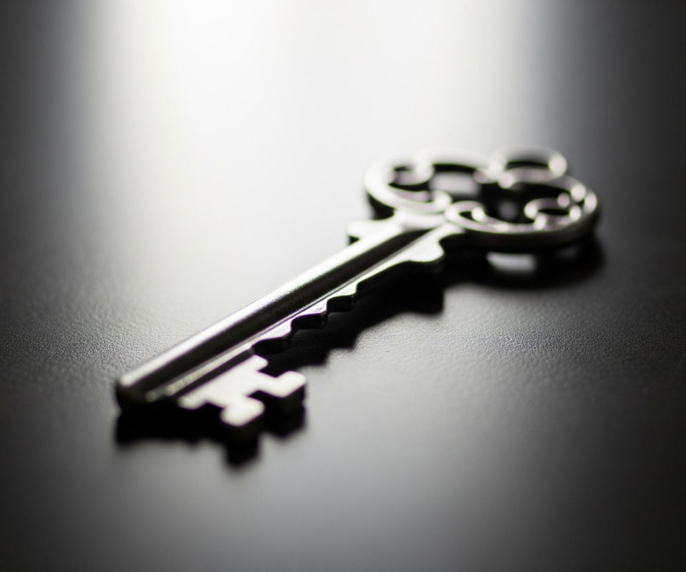 Na ciemnej, lekko błyszczącej powierzchni leży srebrny klucz w kształcie tradycyjnego klucza do zamka. Klucz jest ostro oświetlony od góry, co tworzy wyraźny cień pod nim i rozświetla jego krawędzie. Jego pierścień ma ozdobny, kręcony wzór, a ząbki są proste, o prostokątnym kształcie. Tło po lewej stronie jest ciemne i stopniowo jaśnieje ku prawej górze, tworząc delikatny gradient od czerni do jasnoszarego światła.