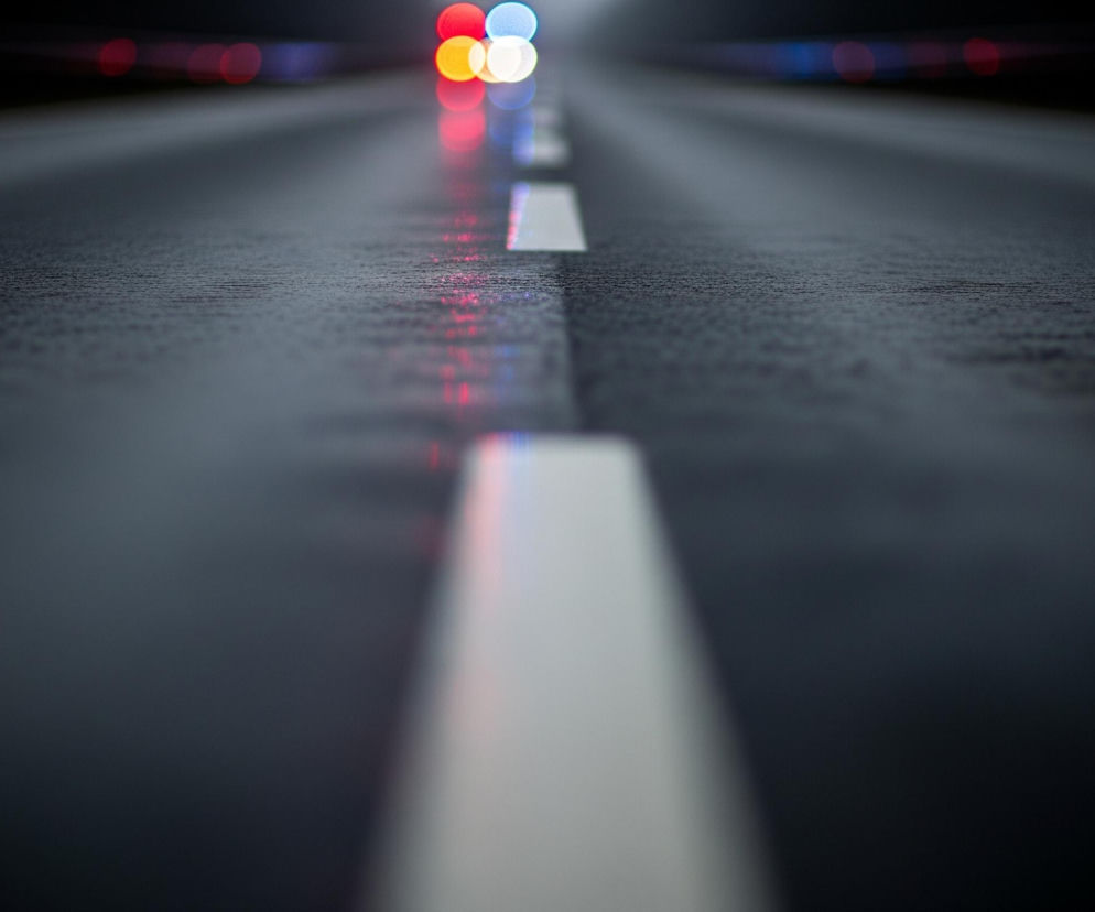 Na pierwszym planie widoczna jest mokra asfaltowa droga, zajmująca dolną połowę kadru. Na niej biegnie podłużna, biała linia przerywana, rozmyta w kierunku obserwatora. W tle, na końcu drogi, z daleka widać jaskrawe, rozmyte światła w kolorach czerwonym, żółtym i niebieskim, odbijające się częściowo na mokrej nawierzchni. Po obu stronach drogi rozciągają się ciemne, niewyraźne obszary, sugerujące otoczenie w mroku.