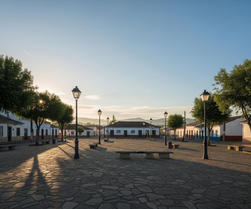 Rozległy, brukowany plac z kamiennych płyt w kształcie nieregularnych kawałków dominuje na pierwszym planie, oświetlony promieniami słońca padającymi z lewej strony, tworząc długie cienie drzew i latarni. Wokół placu rozmieszczone są jednopiętrowe budynki z białymi ścianami, brązowymi dachówkami i kolorowymi drzwiami oraz okiennicami, głównie zielonymi i niebieskimi, niektóre z nich mają jasnobrązowe cokoły. Wzdłuż alei na placu stoją rzędy drzew o gęstych, zielonych koronach oraz czarne latarnie uliczne z podświetlonymi kloszami, mimo dziennej pory, co tworzy ciepły nastrój. Horyzont zamykają odległe wzgórza pod jasnoniebieskim, bezchmurnym niebem, na którym widoczny jest delikatny ślad kondensacyjny samolotu.
