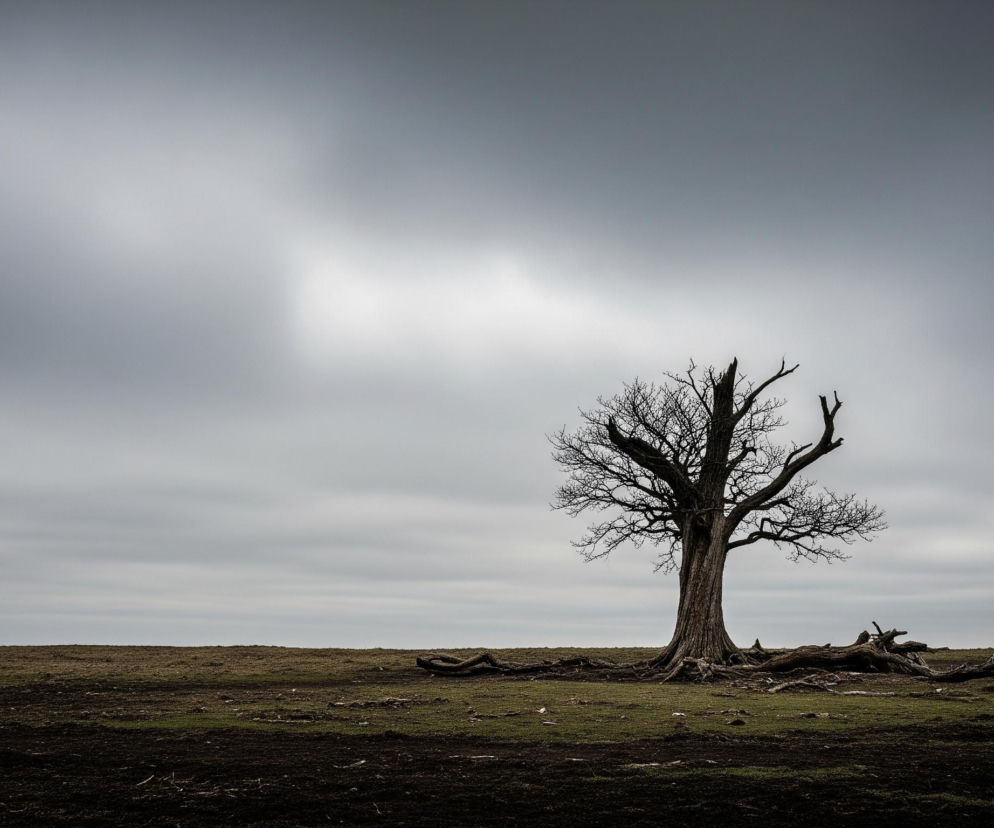 Centralny punkt obrazu to samotne, pozbawione liści drzewo o ciemnym, rozłożystym pniu i licznych, cienkich gałęziach, wyglądające jak sylwetka na tle nieba. Wokół podstawy pnia, na ziemi, widać grube, wijące się korzenie oraz kilka leżących, ciemnych kłód lub konarów, które tworzą zagięcia i sprawiają wrażenie suchego, martwego drewna. Dolna część obrazu przedstawia pofałdowany teren, porośnięty nieregularnie plamami ciemnozielonej trawy i brązowej, odsłoniętej ziemi. Górna połowa to szare, zachmurzone niebo, o zmiennym natężeniu jasności, z delikatnymi, poziomymi smugami chmur, które są jaśniejsze po prawej stronie, przechodząc w ciemniejsze odcienie ku górze i lewej stronie.