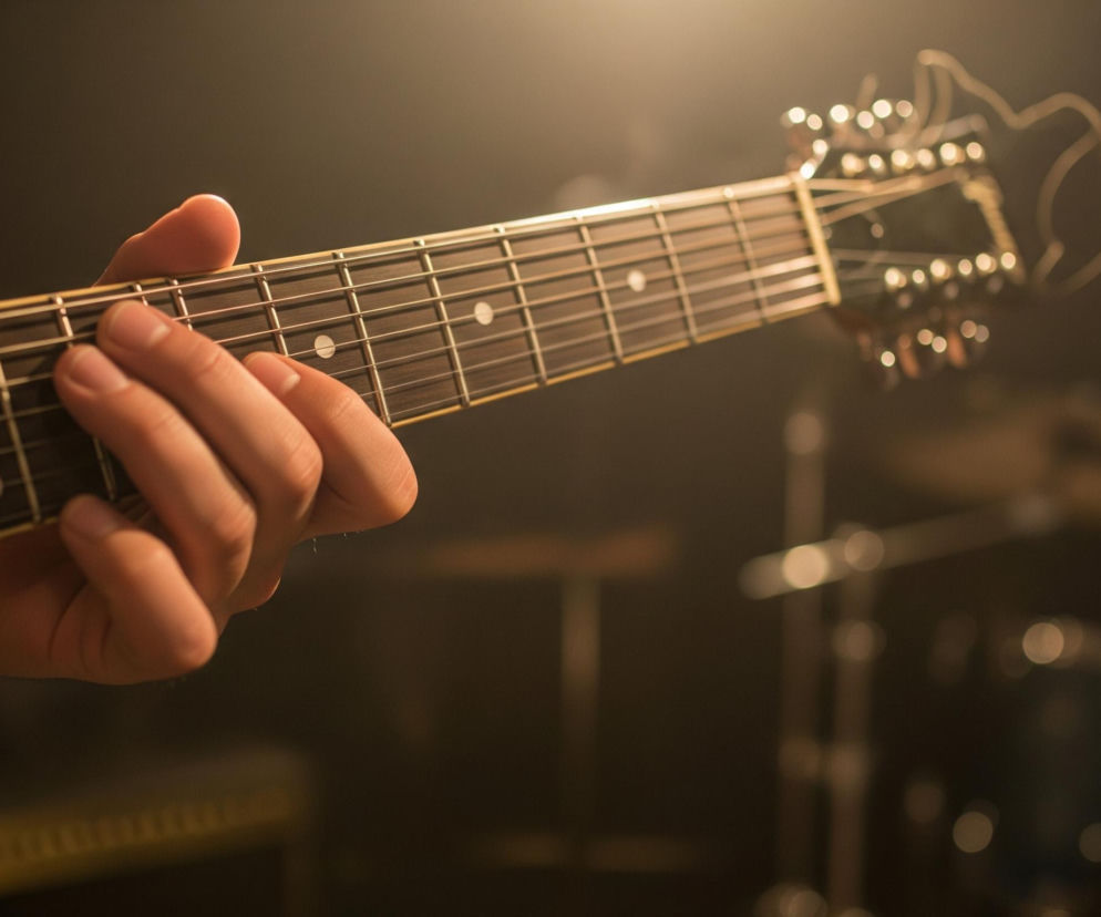 Ręka z ciemnoróżowymi palcami chwyta gryf gitary, dociskając struny do progów, a białe kropki inkrustacji są widoczne na ciemnej podstrunnicy. Od gryfu rozchodzą się jasne struny w stronę niewyraźnej główki gitary z błyszczącymi elementami, gdzie widać także zarys kluczy. Tło jest ciemne, rozmyte, z jasnym, ciepłym światłem padającym z góry po prawej stronie, oświetlając lekko część instrumentu i tworząc rozmyte punkty światła w prawym górnym i dolnym rogu.