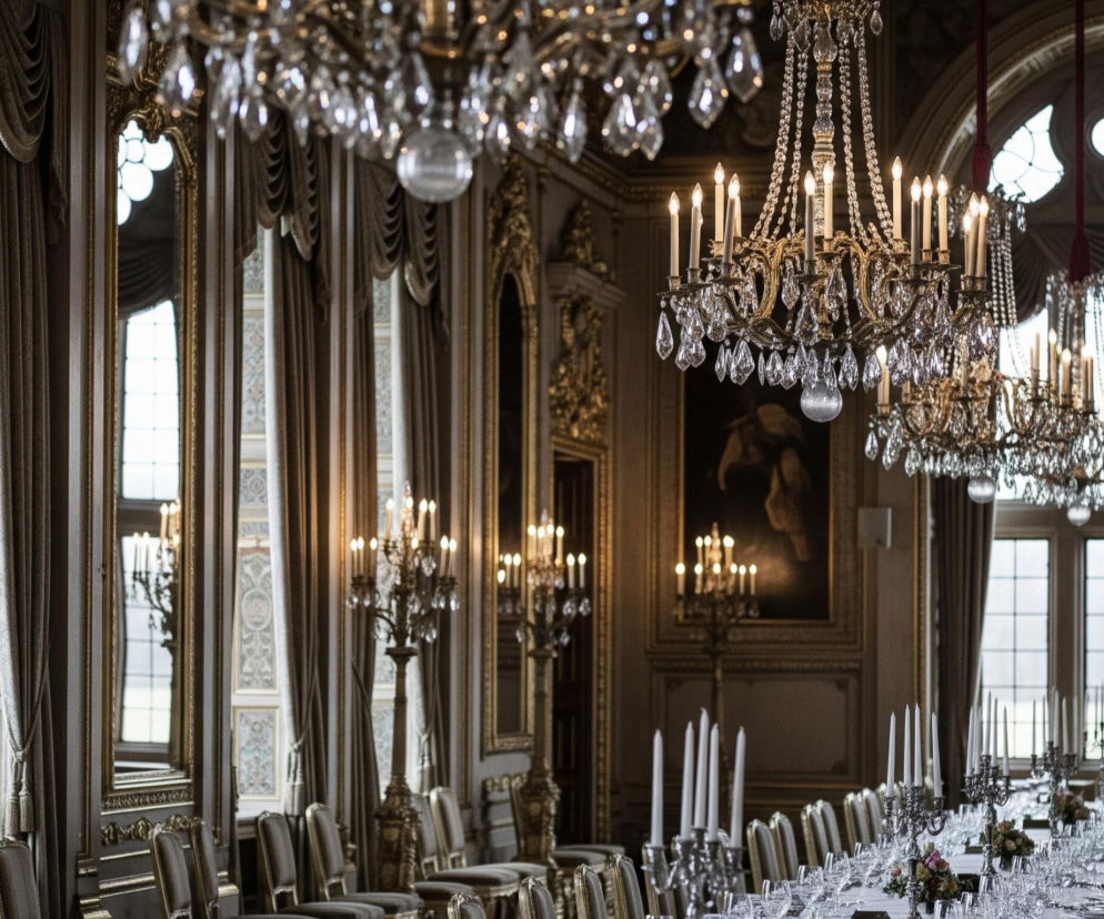 Elegancka, duża sala bankietowa z długim stołem nakrytym do uroczystego posiłku. Wnętrze jest bogato zdobione, z wieloma złotymi i brązowymi akcentami; na suficie wiszą liczne, misternie rzeźbione żyrandole z kryształami i zapalonymi świecami, rozświetlając pomieszczenie. Po obu stronach stołu widać rząd krzeseł z tapicerką, a na stole stoją srebrne świeczniki z wysokimi białymi świecami oraz eleganckie nakrycia. Duże okna, przez które wpada dzienne światło, odsłaniają zewnętrzny krajobraz, a ściany są udekorowane lustrami w zdobionych ramach i obrazami.