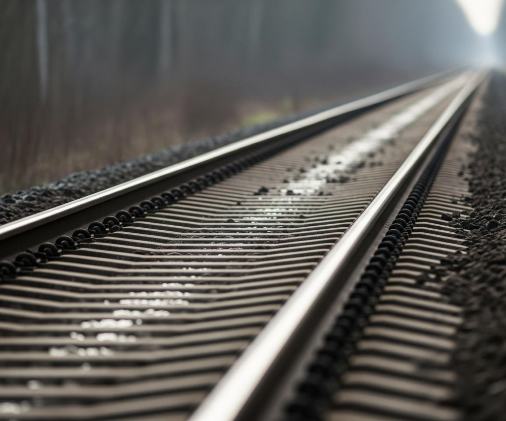 Pojedynczy tor kolejowy biegnie przez środek kadru, zbiegając się w dalekim punkcie. Tor składa się z dwóch lśniących, srebrnych szyn umieszczonych na betonowych podkładach, pomiędzy którymi znajdują się ciemne kamienie tłucznia. Po bokach torowiska rozciąga się ciemny las, zamglony i niewyraźny, z prześwitującym jasnym światłem na horyzoncie. Na powierzchni podkładów między szynami widoczne są ślady wilgoci lub kałuże odbijające światło.