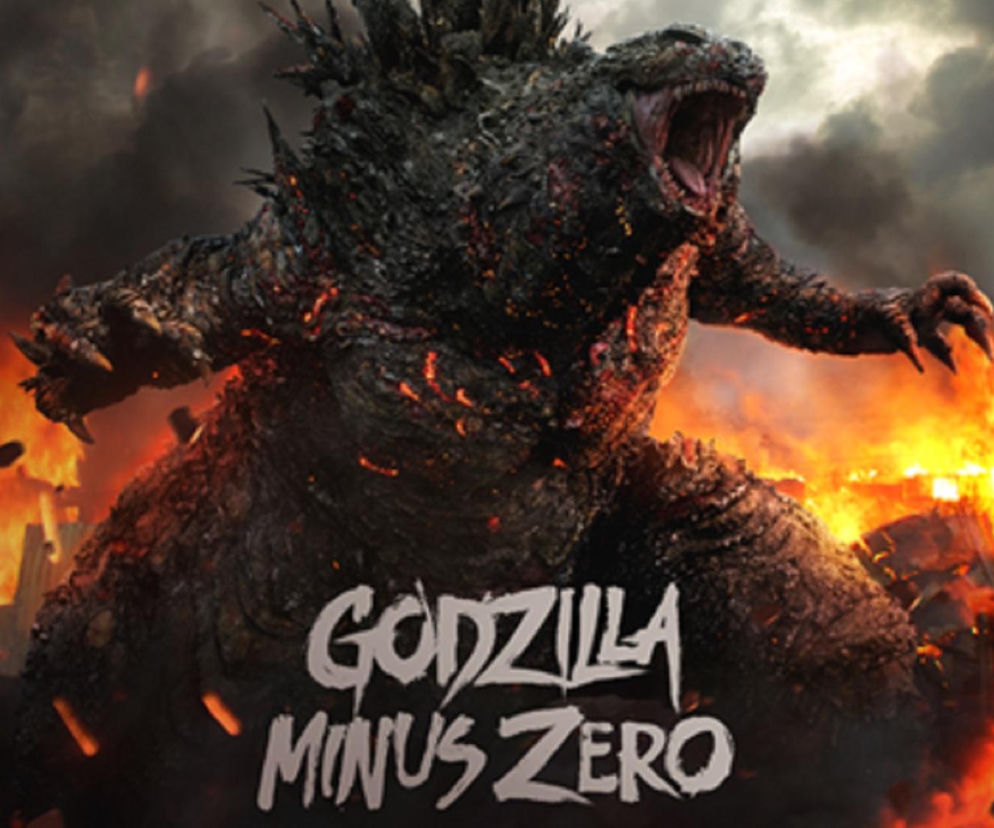 Rycząca Godzilla na tle ognia i gruzów z napisem Godzilla Minus Zero. O premierze filmu przeczytasz na EskaRock.