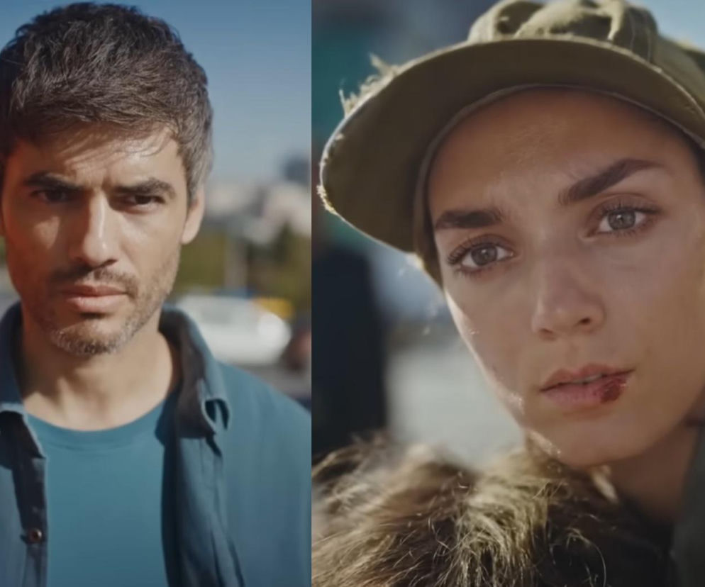 Zestawienie dwóch kadrów: Poyraz, mężczyzna z krótkimi włosami, w koszuli, o poważnym wyrazie twarzy, oraz Nana, kobieta w czapce z daszkiem, z raną na ustach i intensywnym spojrzeniem. Obie postacie patrzą prosto w obiektyw, symbolizując napięcie w serialu Dziedzictwo, o czym przeczytasz na Super Seriale.