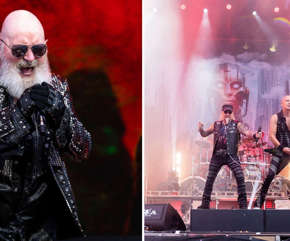 Wokalista Rob Halford śpiewa na scenie. Obok na zdjęciu muzycy grupy Accept. O ich współpracy przeczytasz na EskaRock.
