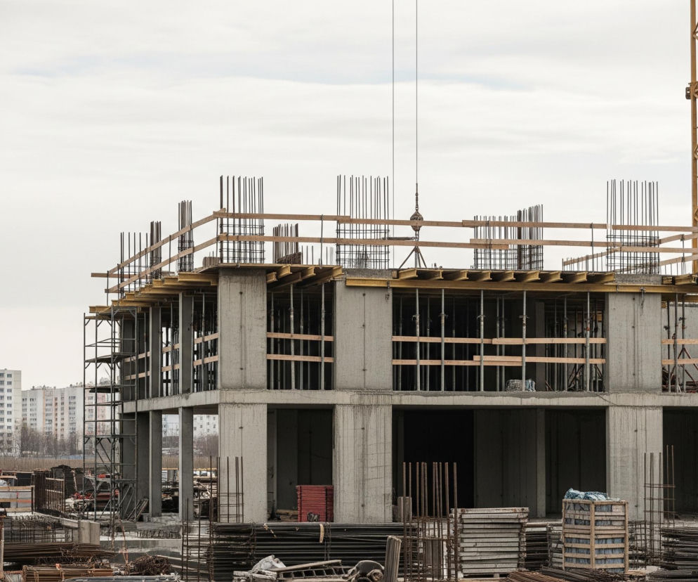W centralnej części obrazu widoczny jest betonowy szkielet budynku w trakcie budowy. Konstrukcja posiada trzy widoczne kondygnacje z wystającymi prętami zbrojeniowymi na górze, otoczone drewnianymi balustradami. Na pierwszym planie i w dolnej części obrazu leży stos różnych materiałów budowlanych, głównie metalowych prętów zbrojeniowych i elementów szalunku. Po prawej stronie kadru dominuje żółty, kratownicowy element żurawia budowlanego, natomiast w tle po lewej stronie znajdują się bloki mieszkalne z szarej płyty, a nad wszystkim rozciąga się zachmurzone, jasne niebo.