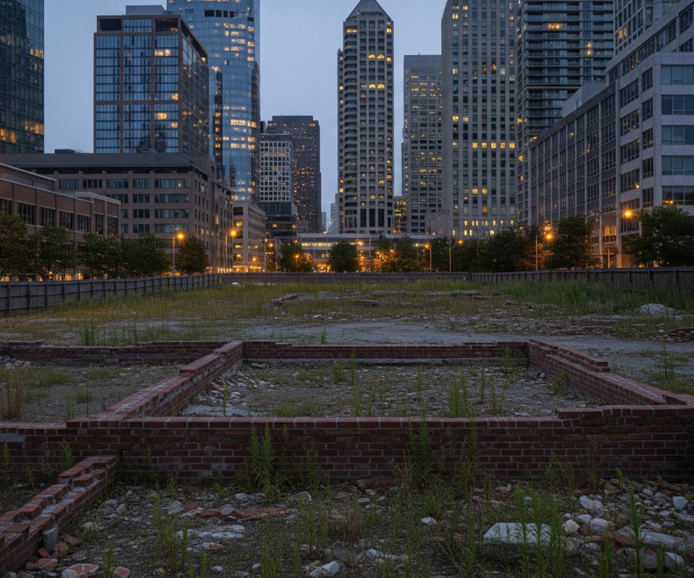 Na pierwszym planie widoczne są fragmenty ceglanych murów, które tworzą zarys fundamentów, otoczone zaniedbaną ziemią z rosnącymi chwastami i rozrzuconymi kamieniami oraz kawałkami cegieł. Za nimi rozciąga się miejski krajobraz z licznymi wysokimi budynkami, w większości wykonanymi ze szkła i betonu, z których wiele ma podświetlone okna, co wskazuje na wczesny wieczór lub zmierzch. Na poziomie gruntu, pomiędzy budynkami, widać drzewa oraz latarnie uliczne emitujące ciepłe, żółte światło, oświetlające niższe piętra zabudowań i ulicę. Nad całością rozpościera się szaro-niebieskie, zmierzchowe niebo.