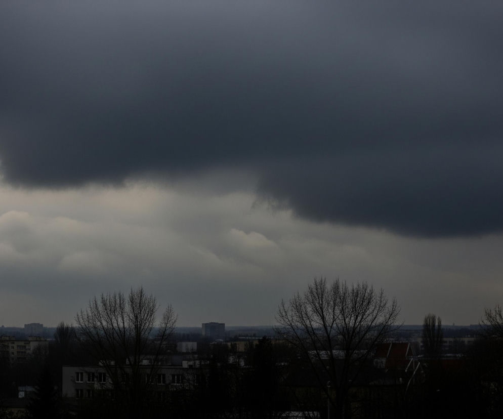 Ciemne, burzowe chmury dominują niebo, zajmując większą część kadru. Niżej, horyzontem ciągnie się pas jaśniejszych, szarych chmur, tworząc wyraźny kontrast. W dolnej części obrazu widoczny jest krajobraz miejski w oddali, z kilkoma budynkami i drzewami bez liści, wszystko w ciemnych, niemal monochromatycznych odcieniach. Drzewa na pierwszym planie są silnie zacienione i wyglądają jak czarne sylwetki na tle pochmurnego nieba.