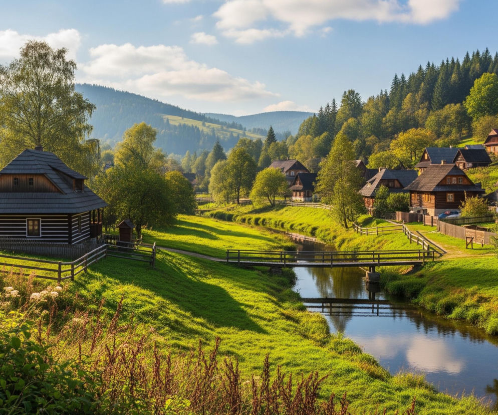 Widok przedstawia malowniczą dolinę z rzeką wijącą się przez zielone, pofałdowane tereny, otoczoną po obu stronach gęsto zalesionymi wzgórzami. Wzdłuż rzeki i na stokach wzgórz rozmieszczone są drewniane domy z ciemnymi dachami, niektóre z nich mają jasne okna i detale elewacji. W centrum kadru drewniany mostek z balustradami, odbijający się w spokojnej tafli wody. Całość oświetla ciepłe światło słoneczne, tworząc długie cienie i podkreślając intensywną zieleń trawy oraz liści drzew.