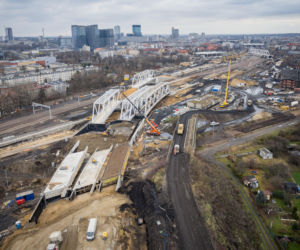 Stacja Katowice, widok z lotu ptaka na powstające wiadukty