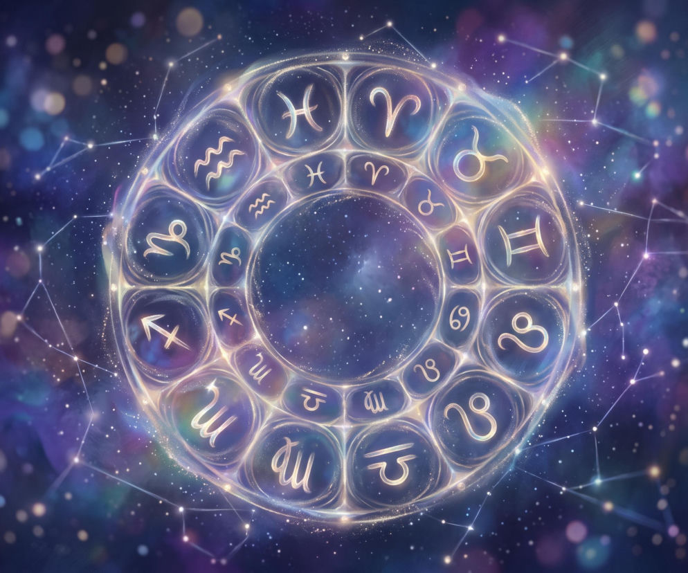 Świecący złoty krąg z symbolami znaków zodiaku na tle kosmosu. O horoskopie dziennym przeczytasz na VOX FM.