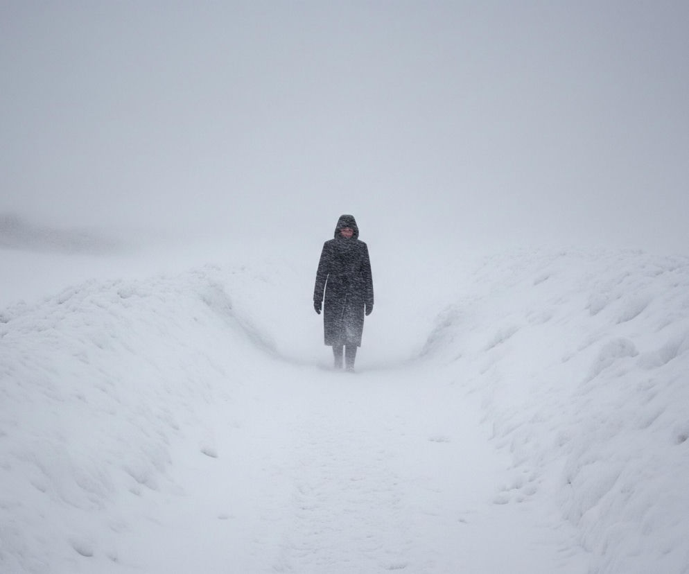 W centrum kadru, na wprost widza, stoi pojedyncza postać w ciemnym płaszczu z kapturem, zwrócona przodem. Sylwetka jest częściowo zasłonięta padającym śniegiem, który tworzy mglisty, jednolity szary horyzont. Postać stoi na zaśnieżonej ścieżce, która prowadzi w głąb obrazu, a po obu stronach ścieżki widać wysokie zaspy śniegu o nieregularnych, pofałdowanych kształtach. Cała scena jest utrzymana w monochromatycznej palecie bieli i różnych odcieni szarości, podkreślając zimową i surową atmosferę.