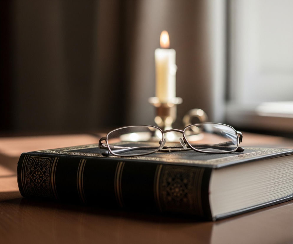 Na pierwszym planie, centralnie, leży gruba książka w twardej, ciemnej oprawie ze złotymi zdobieniami na grzbiecie i okładce. Na książce spoczywają metalowe okulary ze szkłami. W tle, po prawej stronie, widać rozmazane światło wpadające przez okno, a po lewej, częściowo niewyraźną, płonącą świecę w złotym świeczniku. Całość znajduje się na brązowym, drewnianym blacie, na którym widać też wyraźne cienie rzucane przez światło.