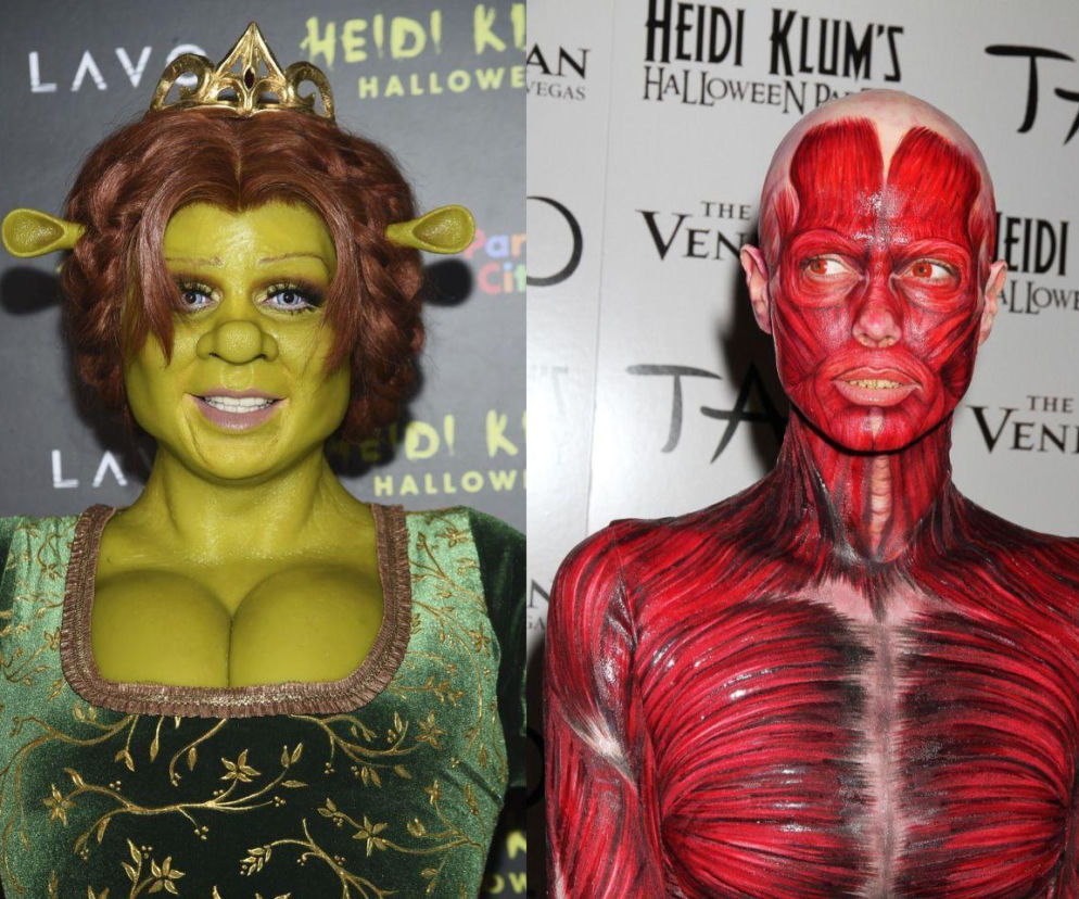 Heidi Klum jako Fiona ze Shreka. Obok modelka w kostiumie ludzkiego ciała bez skóry. O jej metamorfozach przeczytasz w SE.