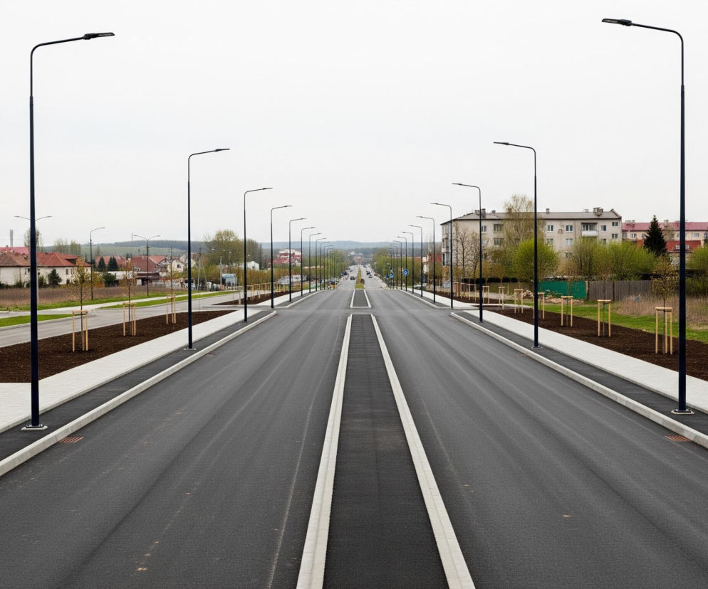 Przedstawiony obraz ukazuje szeroką, nową drogę asfaltową z dwoma pasami ruchu w każdą stronę, oddzielonymi pasem zieleni z barierami. Po obu stronach jezdni biegną rzędy czarnych, smukłych latarni ulicznych z prostymi oprawami LED, a za nimi widoczne są szerokie, jasnoszare chodniki z kostki brukowej. Dalej znajdują się młode drzewa z drewnianymi wspornikami, posadzone w pasach świeżo nawiezionej ziemi, oraz wąskie pasy zielonej trawy.

W tle, po obu stronach drogi, rozciągają się obszary zabudowane z różnorodnymi budynkami mieszkalnymi – od jednopiętrowych domów po wielopiętrowe bloki z płaskimi i spadzistymi dachami w odcieniach czerwieni i brązu. Widoczne są również zielone krzewy i drzewa, a w oddali majaczą zarysy pagórków i terenów porośniętych roślinnością, wszystko to pod jasnym, jednolitym niebem. Na horyzoncie, w centralnej części zdjęcia, widać inne pojazdy na drodze, co sugeruje ruch, a także pojedyncze słupy elektryczne i elementy infrastruktury miejskiej.