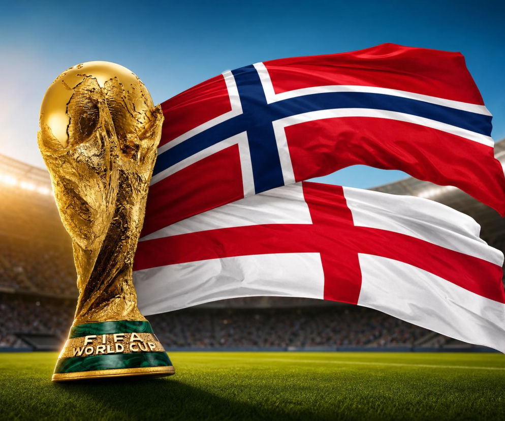 Złoty Puchar Świata obok powiewających flag Norwegii i Anglii. O ćwierćfinale Mundialu 2026 przeczytasz na SE Supersport.
