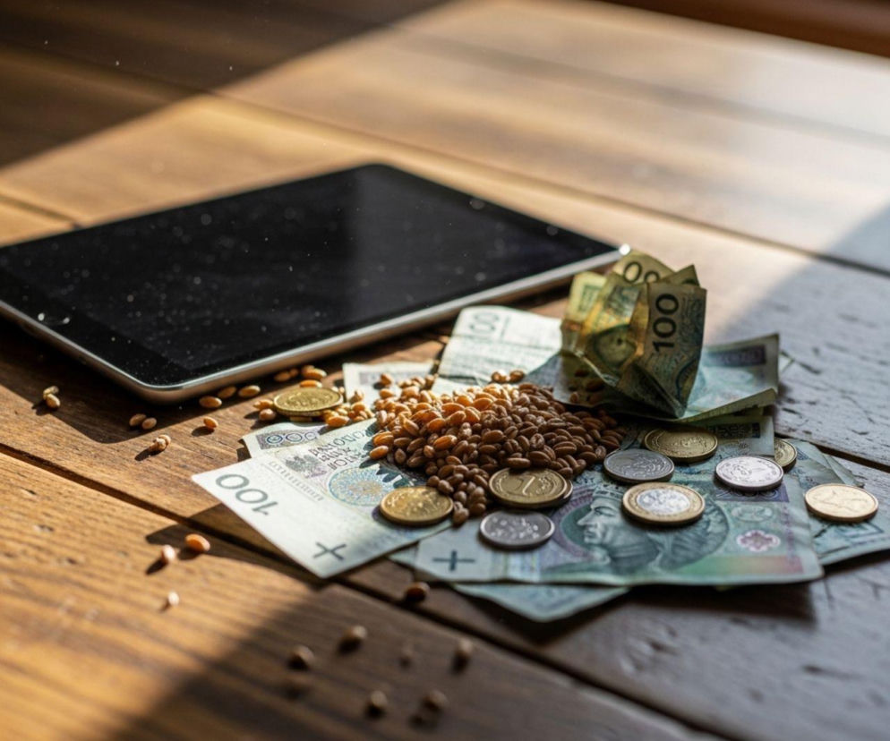 Pieniądze (banknoty 100 zł, 50 zł, monety), ziarna zboża i tablet na drewnianym biurku, symbolizujące finanse w rolnictwie. Artykuł na Super Biznes analizuje spadające ceny skupu i nowe obciążenia dla rolników w 2026 roku.