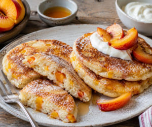 Te pancakes z brzoskwiniami są hitem lata. Jogurt sprawia, że wychodzą wyjątkowo miękkie